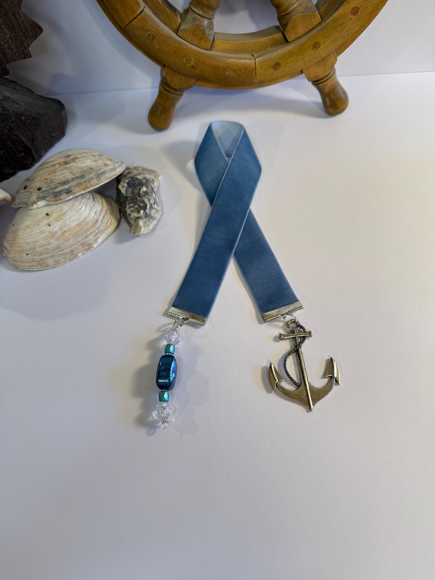 Ocean blue velvet bookmark | anchor charm and bead string |
