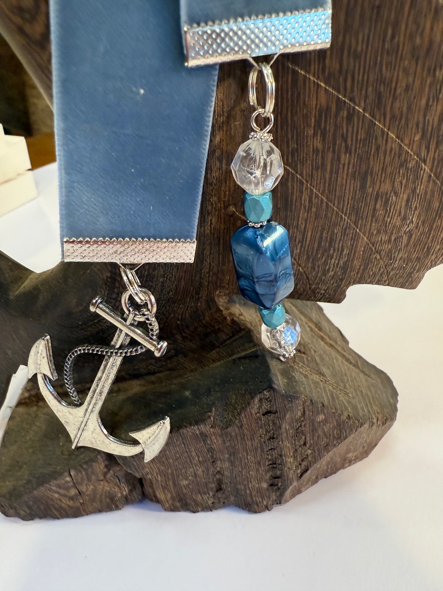 Ocean blue velvet bookmark | anchor charm and bead string |