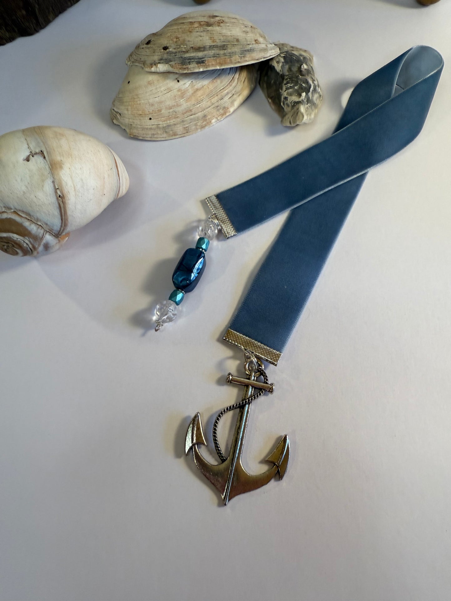 Ocean blue velvet bookmark | anchor charm and bead string |