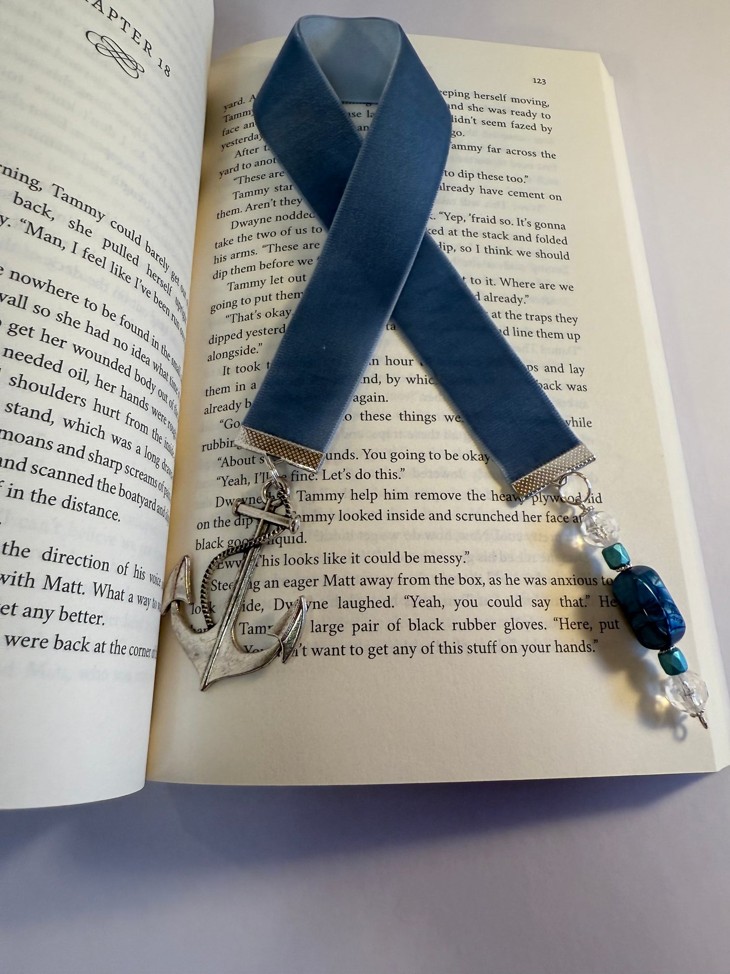 Ocean blue velvet bookmark | anchor charm and bead string |