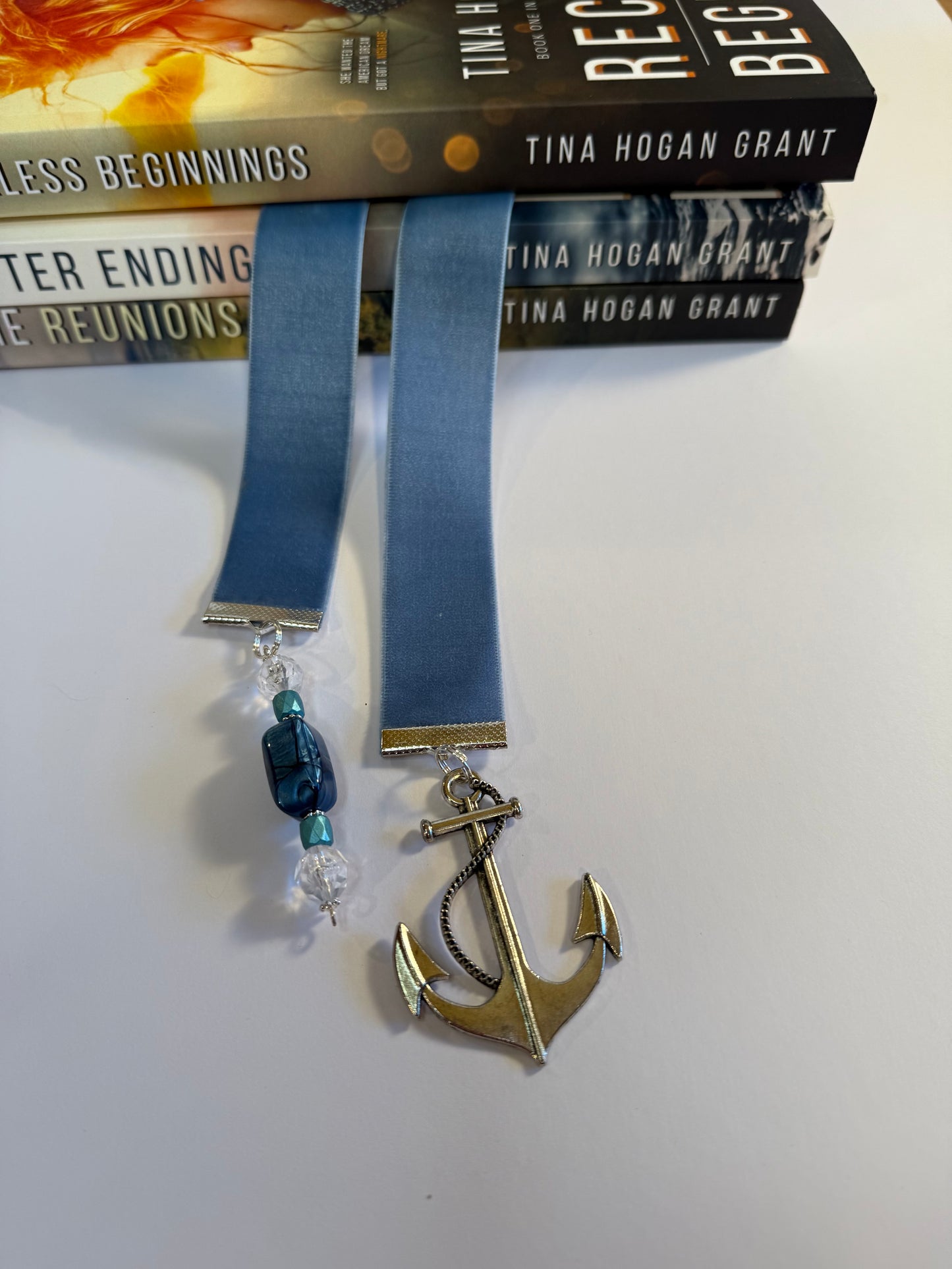 Ocean blue velvet bookmark | anchor charm and bead string |