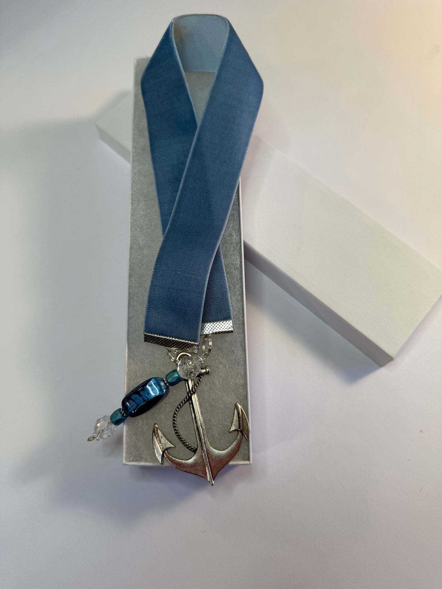 Ocean blue velvet bookmark | anchor charm and bead string |