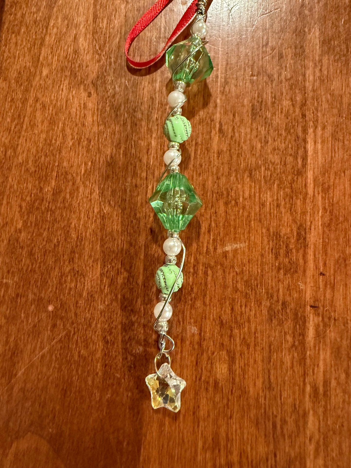Green - White Beaded Christmas Tree Ornament