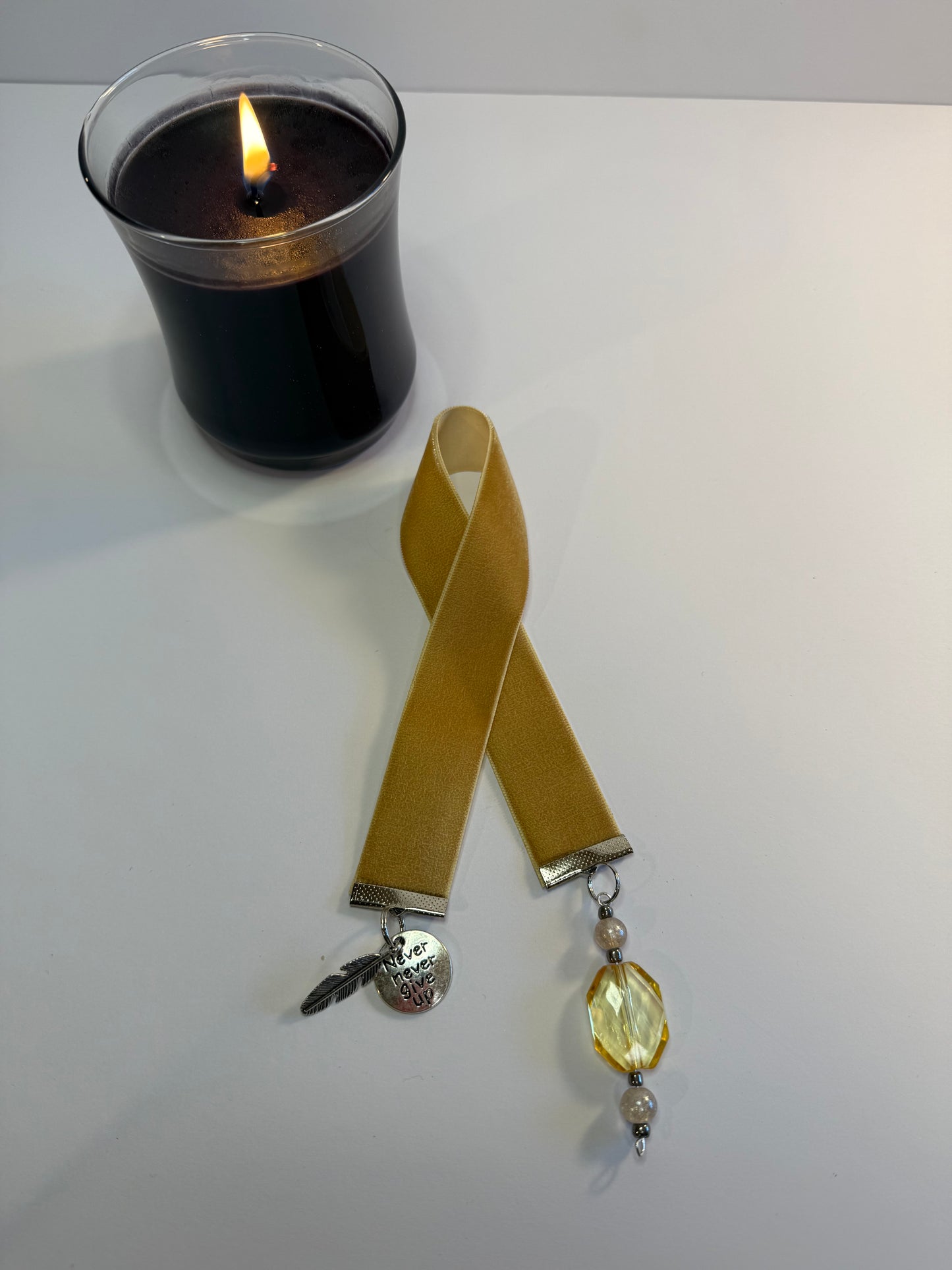 Beige Velvet Bookmark with Inspirational Never Give Up Charm and Feather