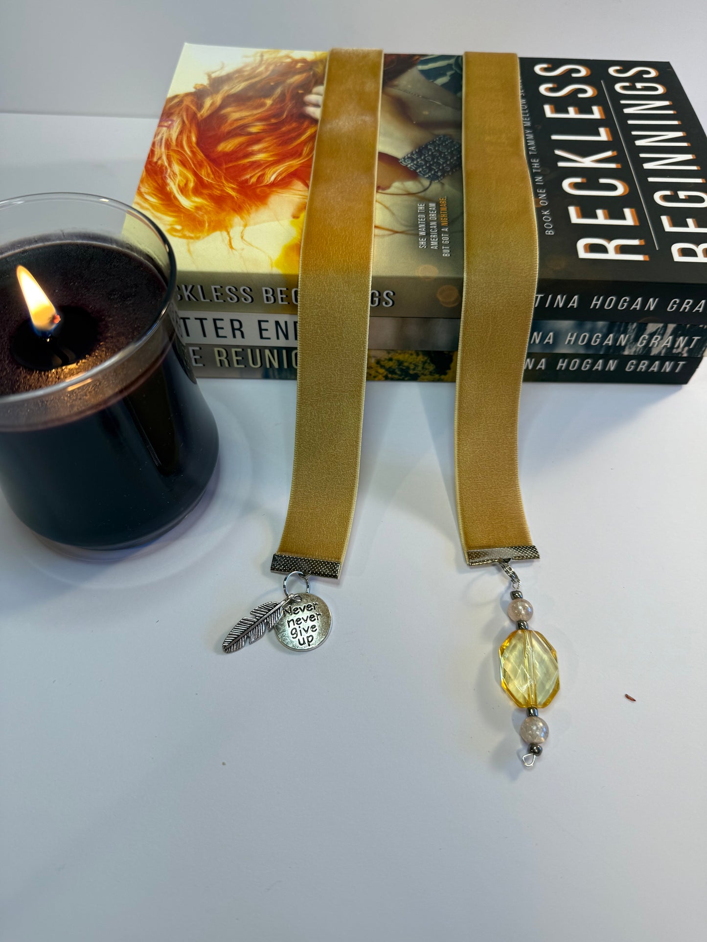 Beige Velvet Bookmark with Inspirational Never Give Up Charm and Feather