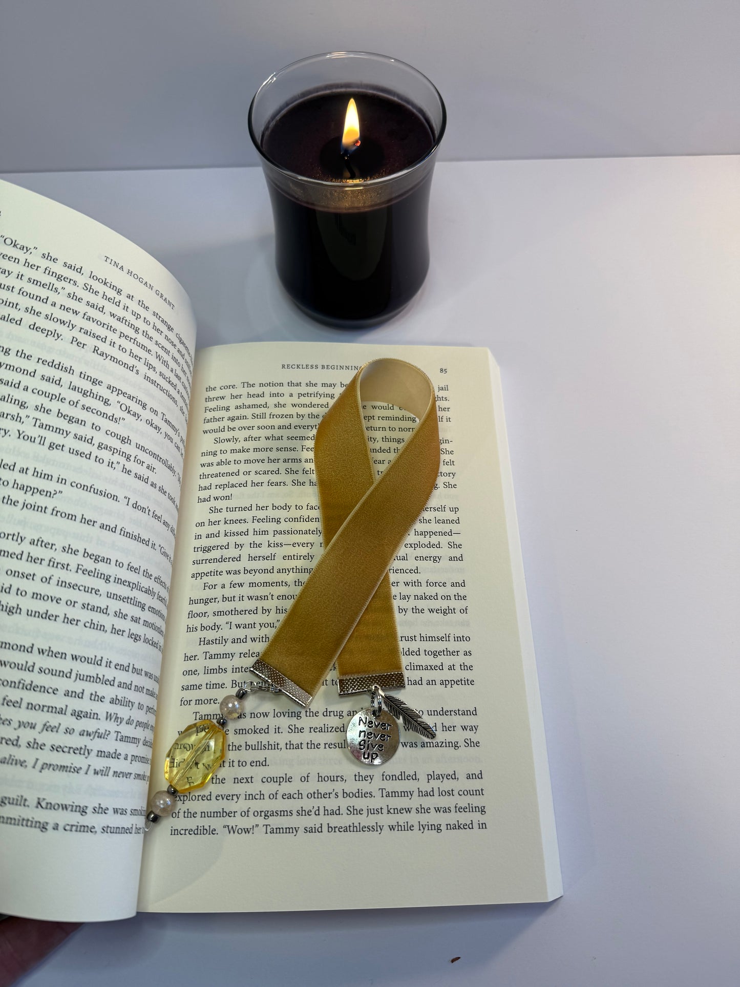 Beige Velvet Bookmark with Inspirational Never Give Up Charm and Feather