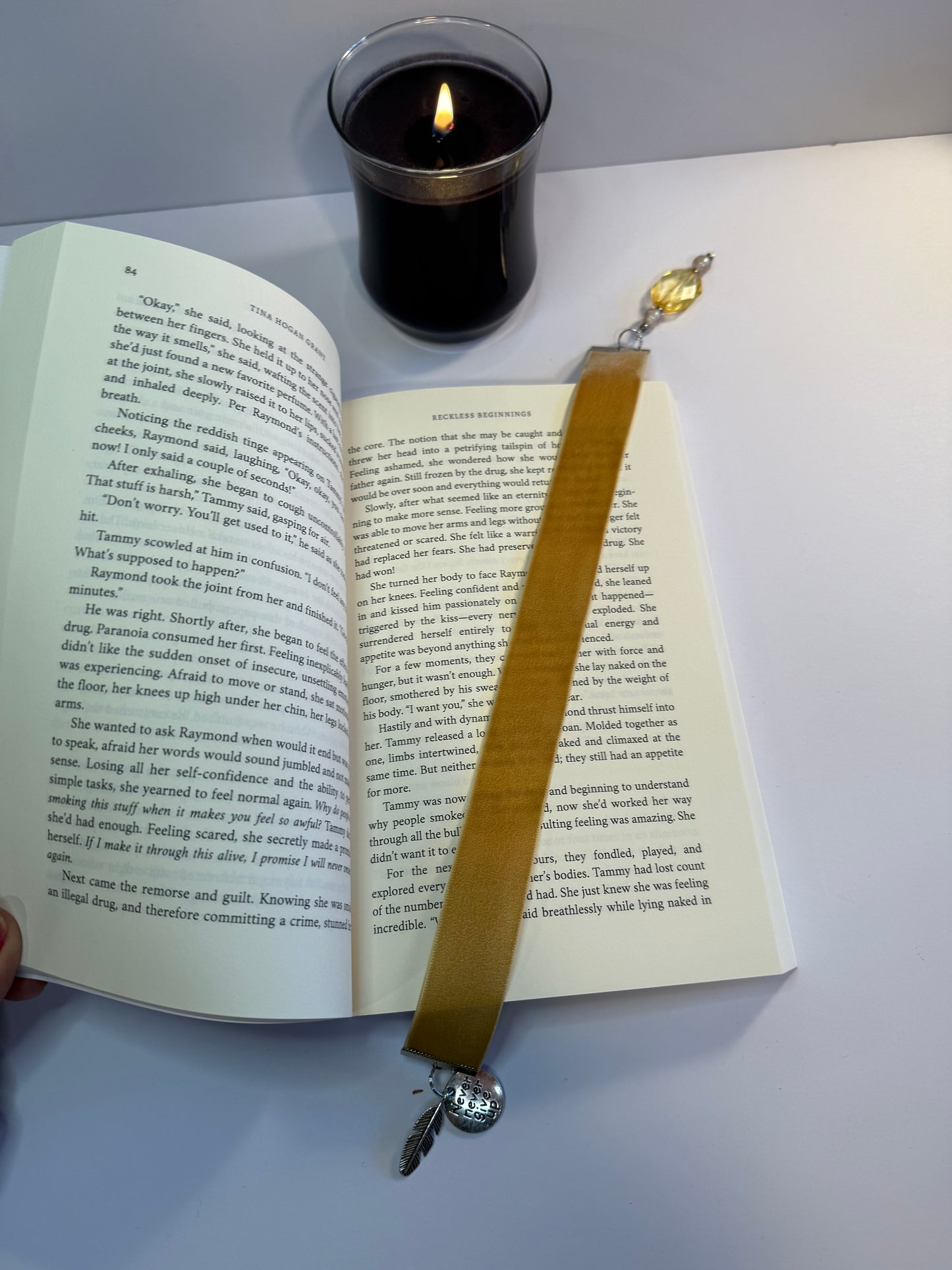 Beige Velvet Bookmark with Inspirational Never Give Up Charm and Feather
