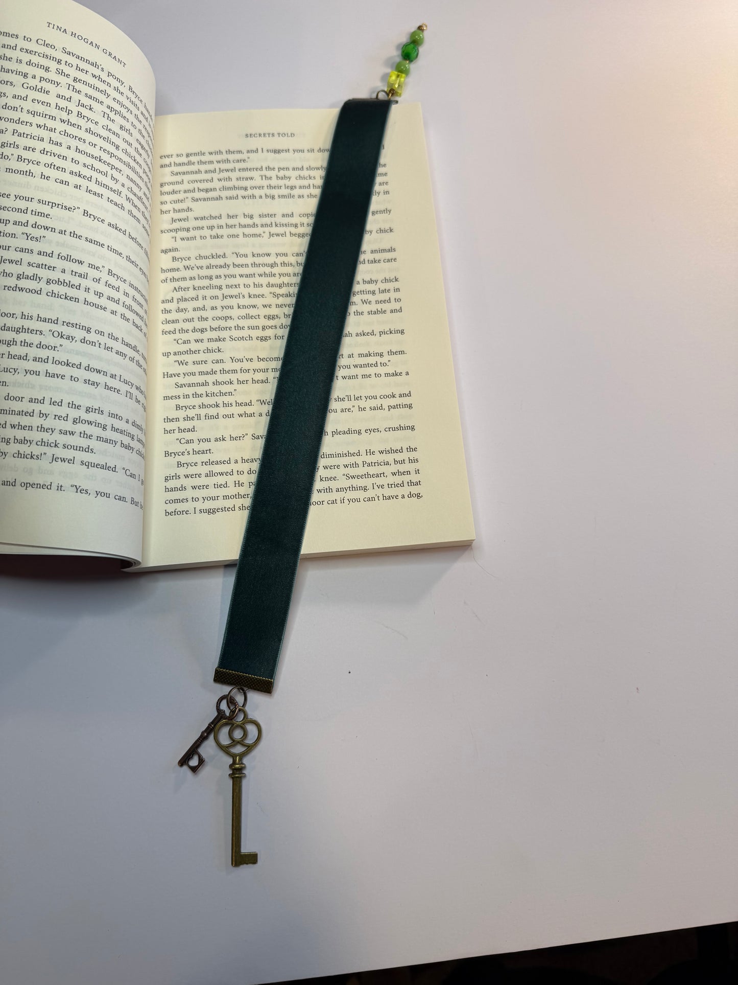 Hunter Green Velvet Bookmark with Skeleton Key Charm and Bead String