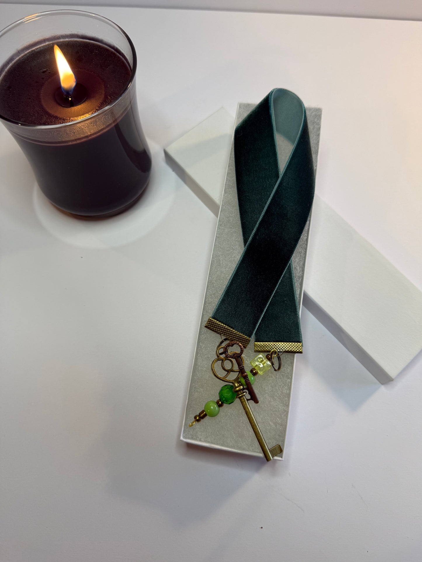 Hunter Green Velvet Bookmark with Skeleton Key Charm and Bead String