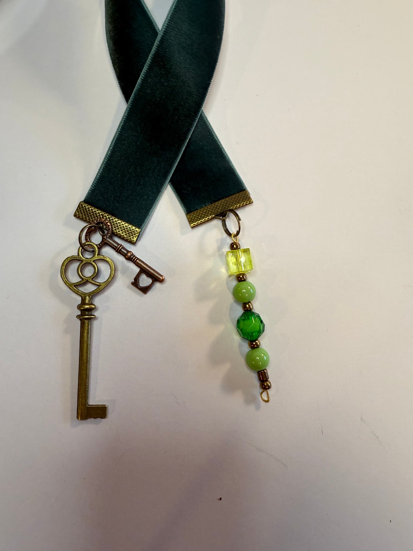 Hunter Green Velvet Bookmark with Skeleton Key Charm and Bead String