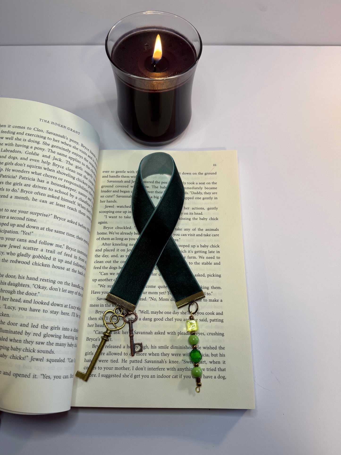 Hunter Green Velvet Bookmark with Skeleton Key Charm and Bead String