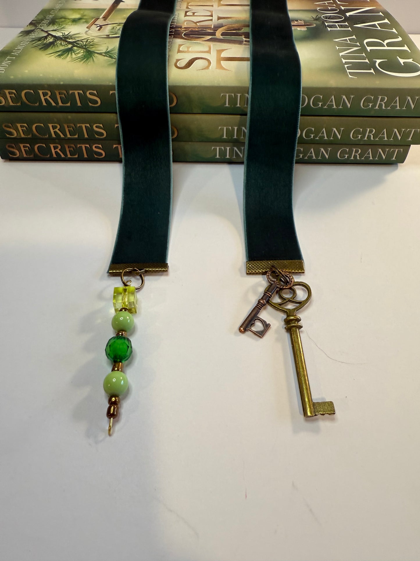 Hunter Green Velvet Bookmark with Skeleton Key Charm and Bead String