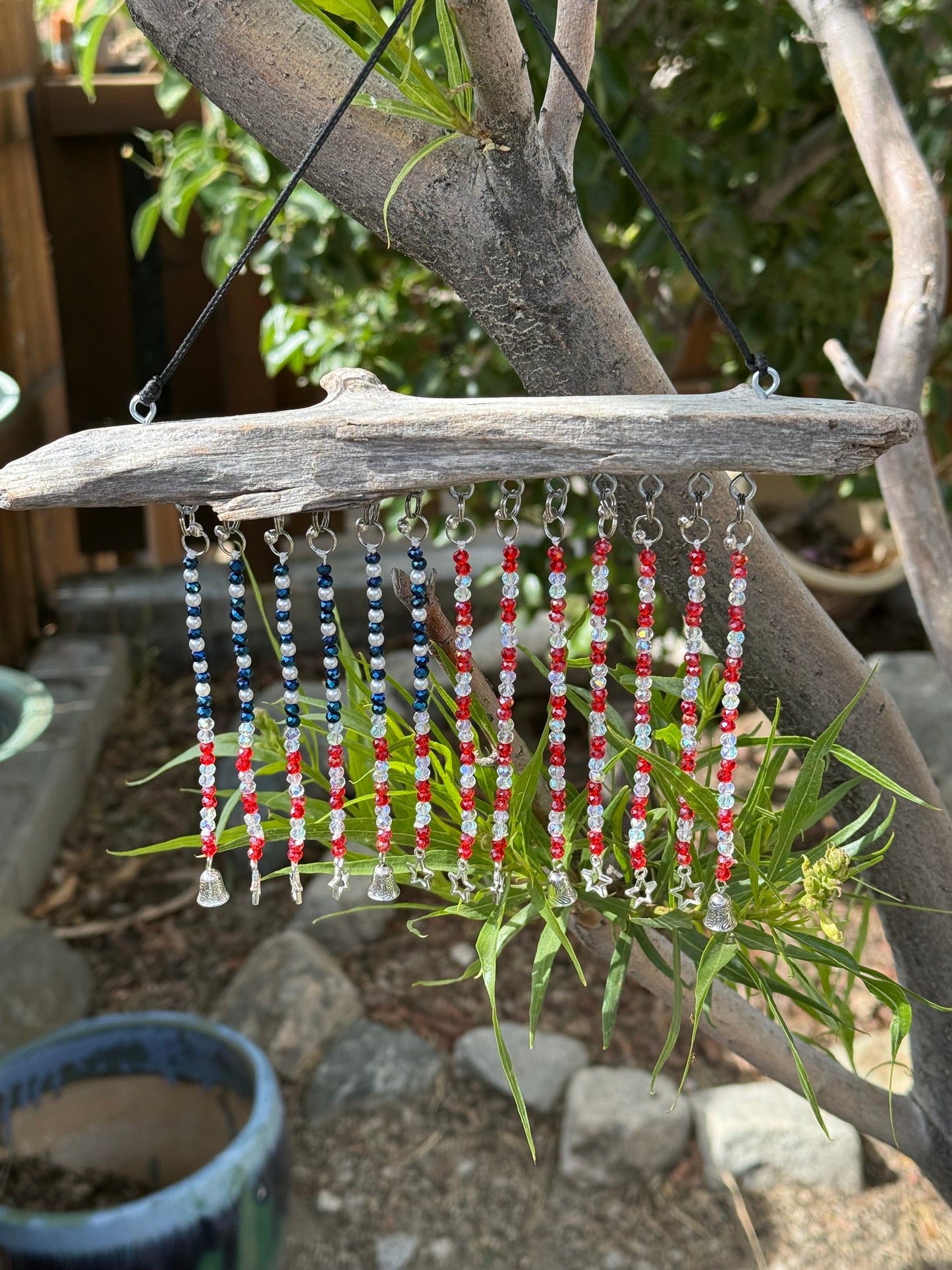 American Flag Glass Seed and Mini Crystal Beaded Driftwood Suncatcher