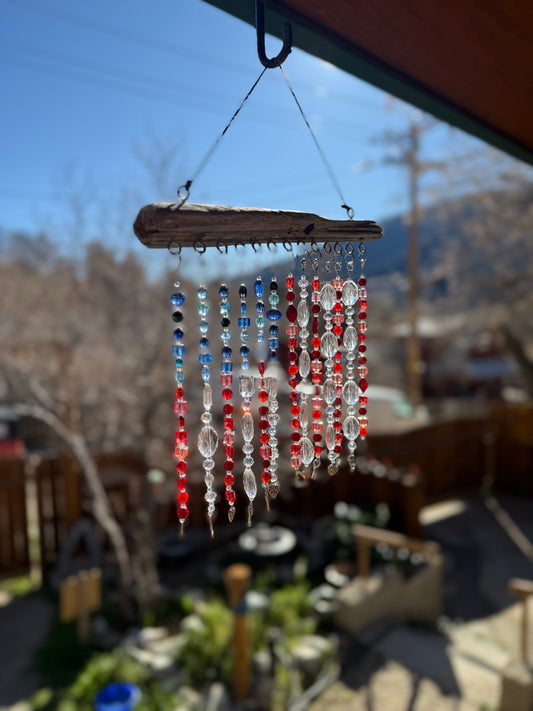 Handmade American Flag Driftwood Beaded Suncatcher