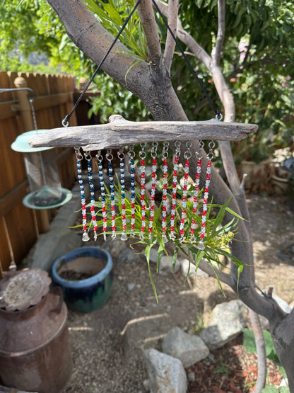 American Flag Glass Seed and Mini Crystal Beaded Driftwood Suncatcher