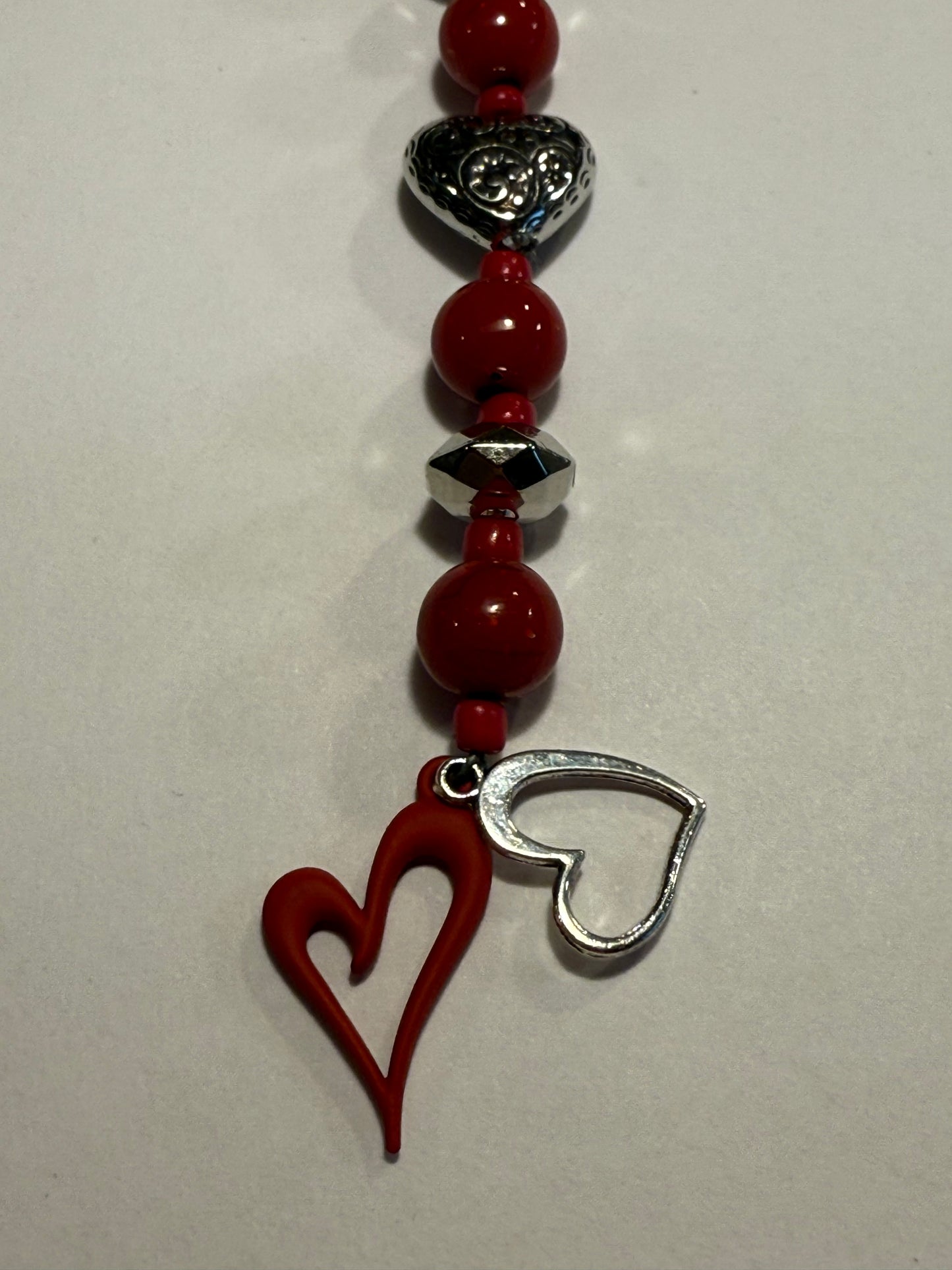 Silver Heart Beaded Keychain & Purse Dangler | Valentine Gift | Red Heart Charm Keyring