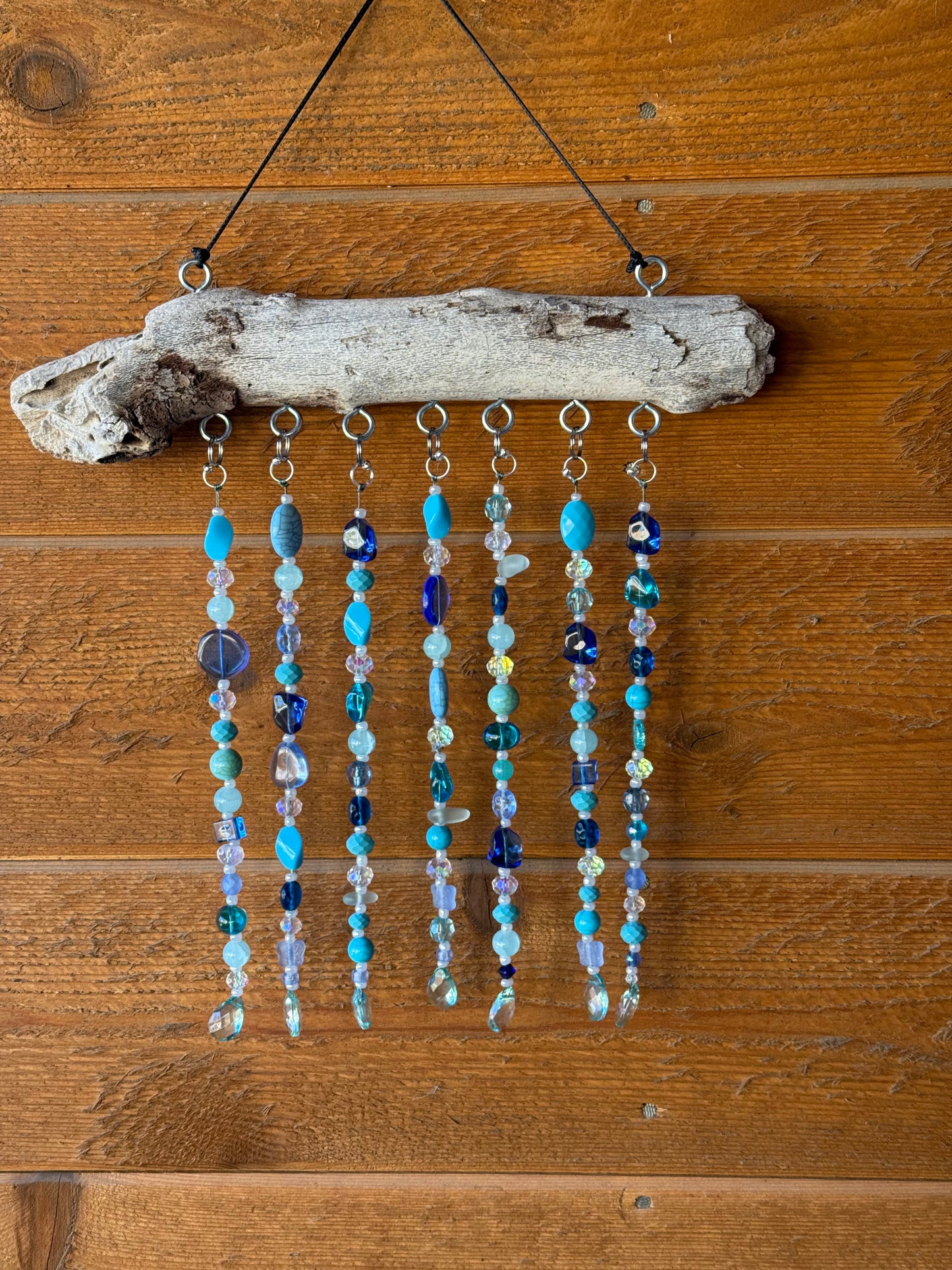 Coastal Beaded Suncatcher with Driftwood | Ocean Blue Hanging Decor