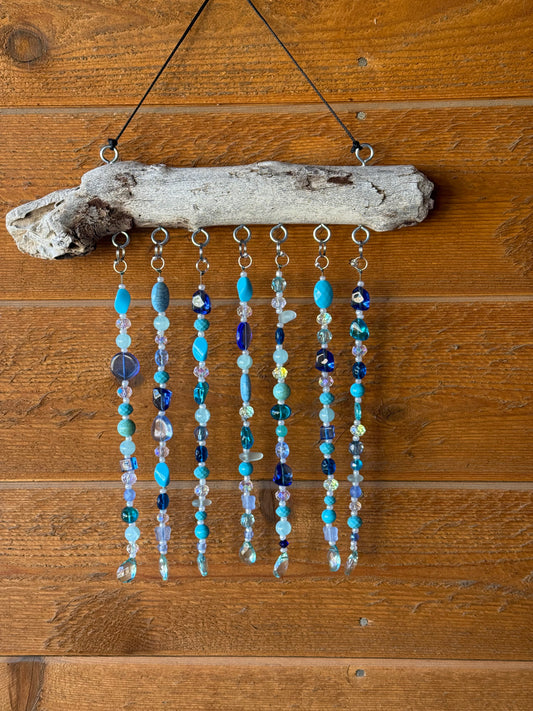 Coastal Beaded Suncatcher with Driftwood | Ocean Blue Hanging Decor