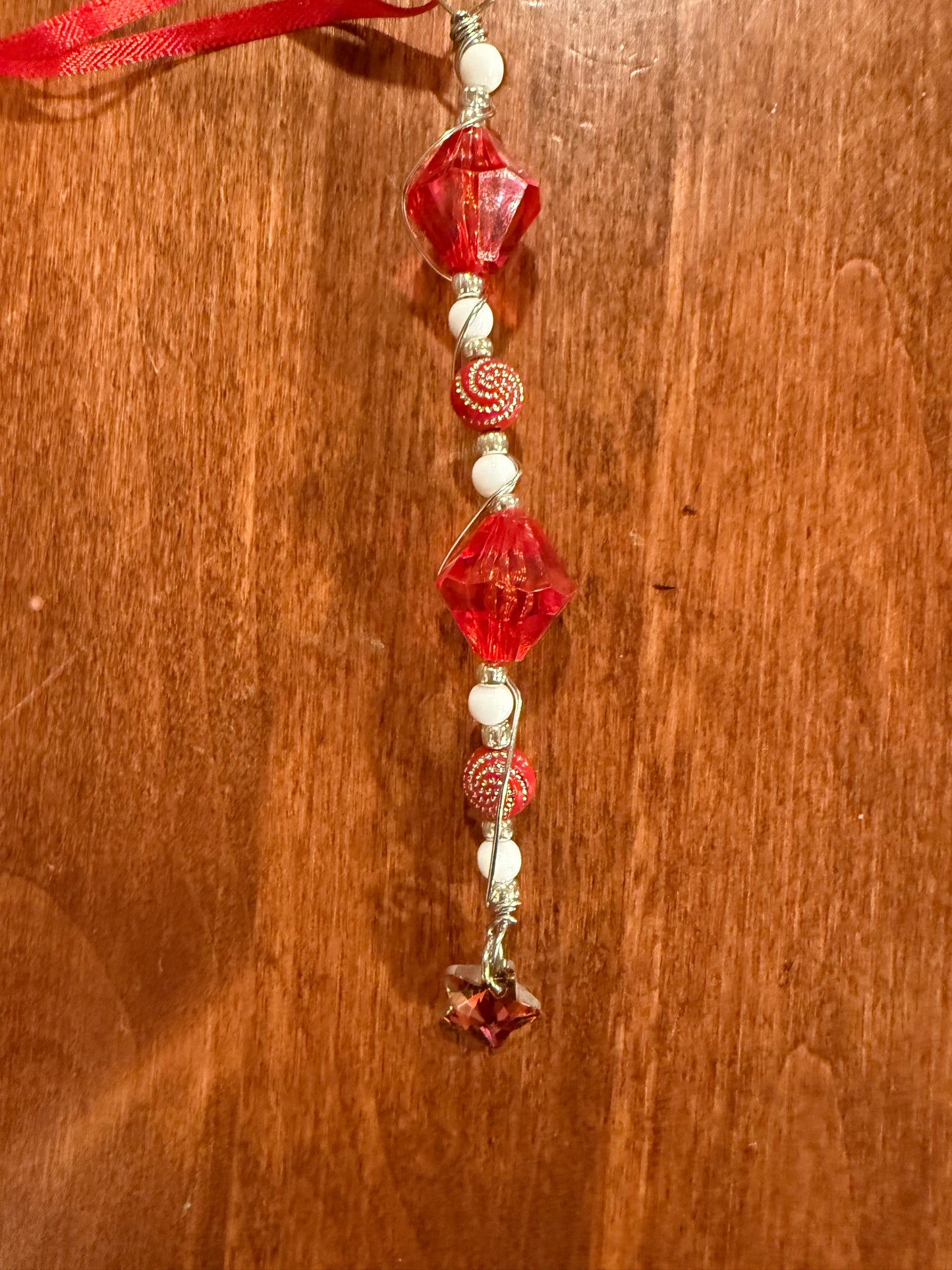 Red - White Beaded Christmas Tree Ornament