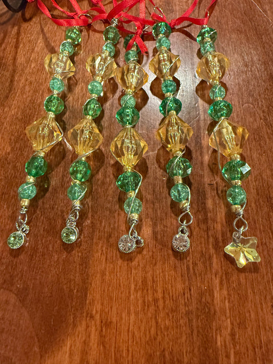 Yellow - Green - Beaded Christmas Tree Ornament