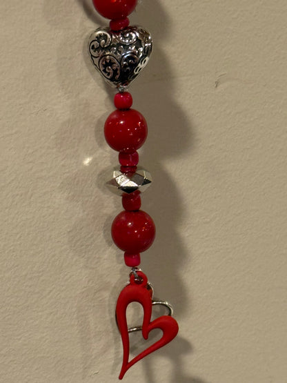 Silver Heart Beaded Keychain & Purse Dangler | Valentine Gift | Red Heart Charm Keyring