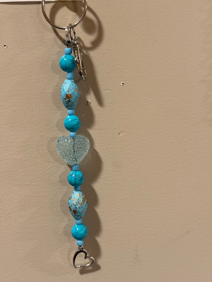 Blue Heart Beaded Keychain | Turquoise Purse Charm | Handmade Key Ring with Heart Charm | Valentine Gift for Her | Bag Accessory