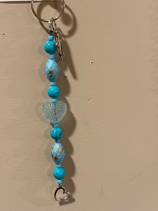Blue Heart Beaded Keychain | Turquoise Purse Charm | Handmade Key Ring with Heart Charm | Valentine Gift for Her | Bag Accessory