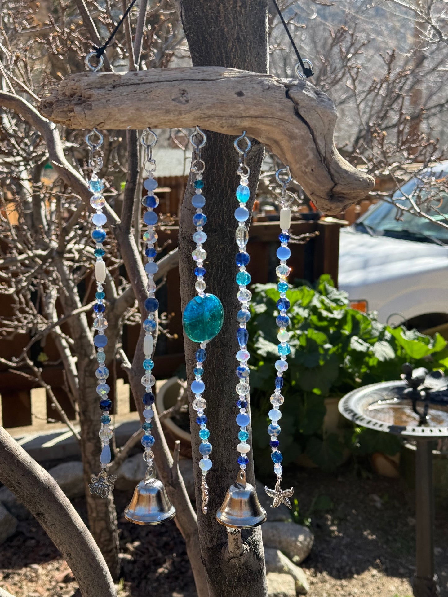 Blue Glass and Driftwood Wind Chime / Suncatcher
