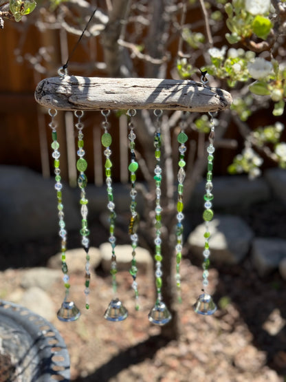 Handcrafted Green Glass Beaded Sun Catcher with Driftwood & Bells