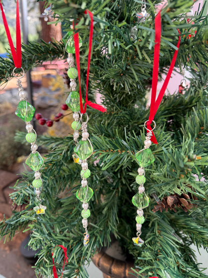 Green - White Beaded Christmas Tree Ornament