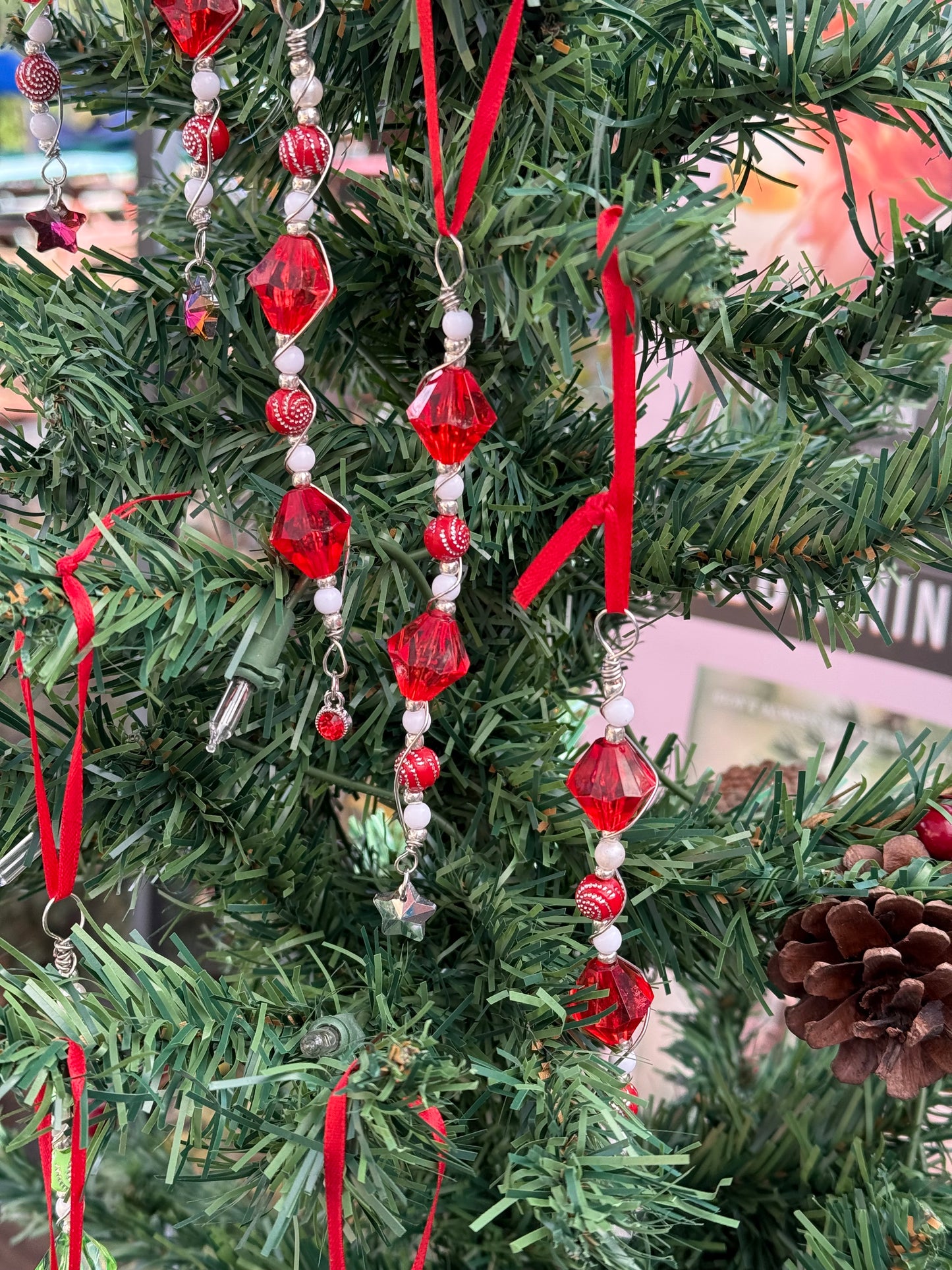 Red - White Beaded Christmas Tree Ornament