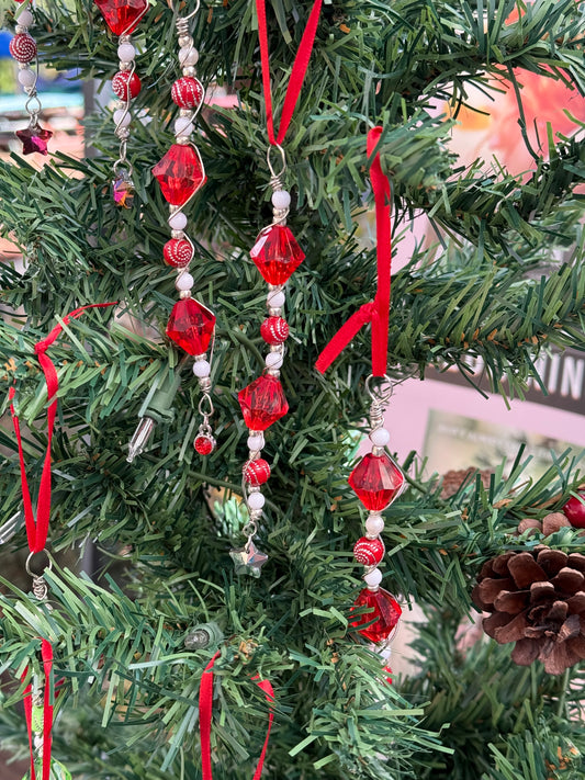 Red - White Beaded Christmas Tree Ornament