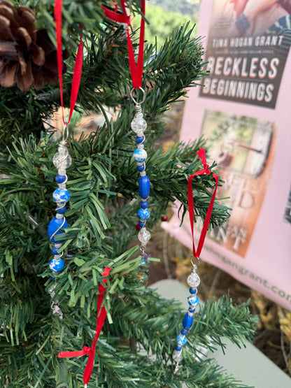 Blue - White Beaded Christmas Tree Ornament