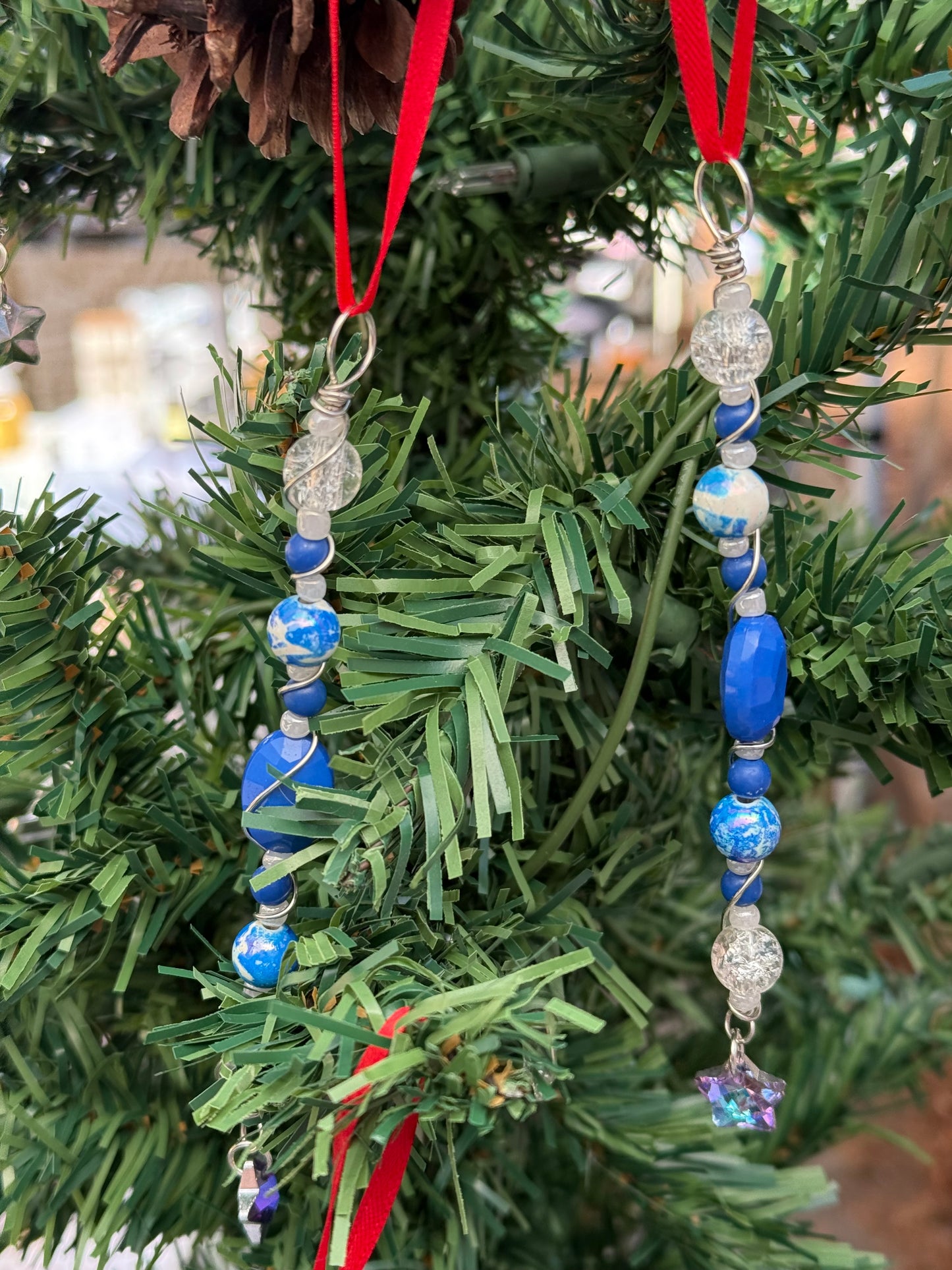 Blue - White Beaded Christmas Tree Ornament