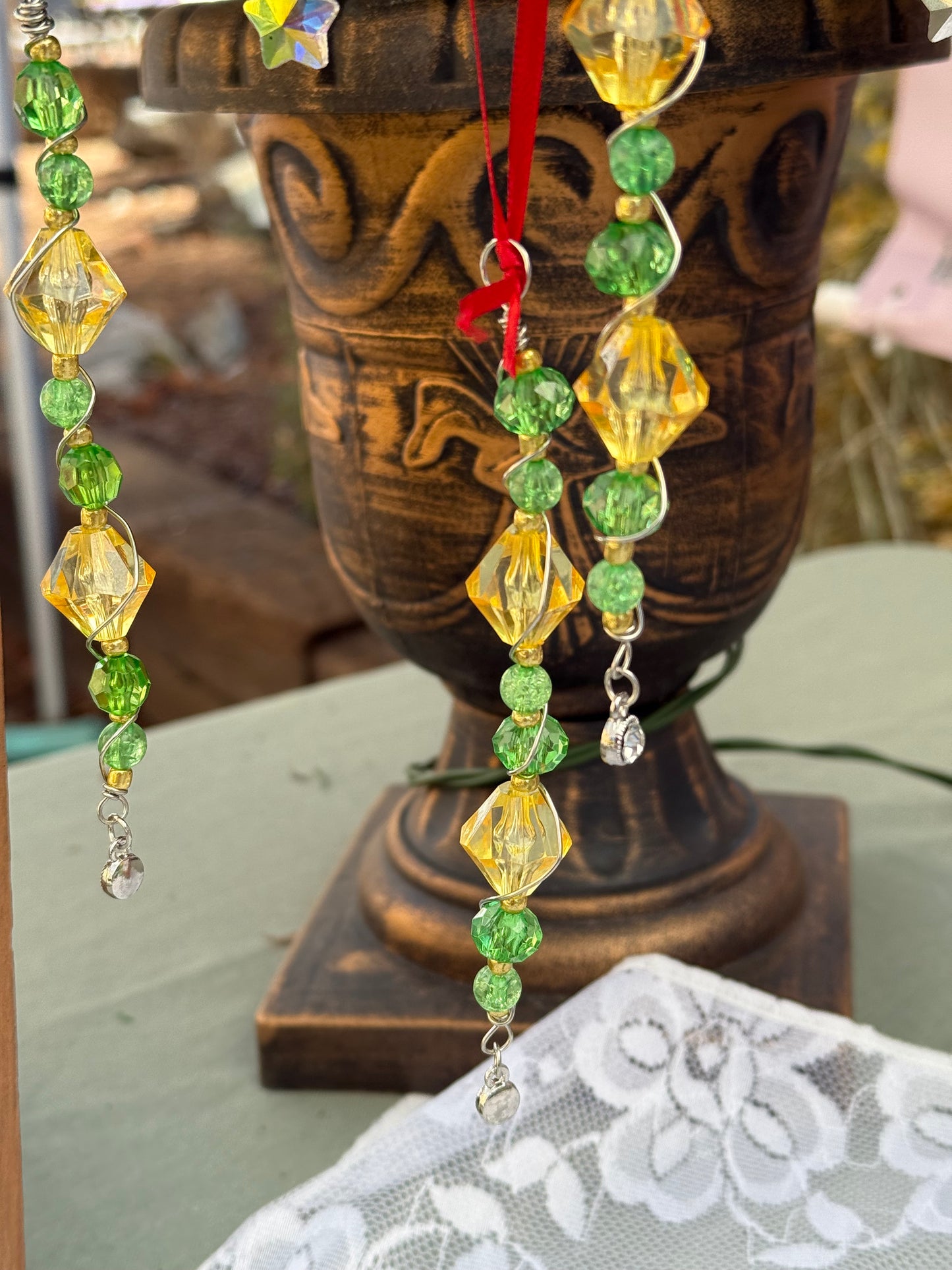 Yellow - Green - Beaded Christmas Tree Ornament