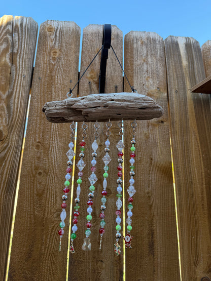 Handcrafted Christmas Driftwood Suncatcher: Beaded Holiday Window | patio | Home Decor