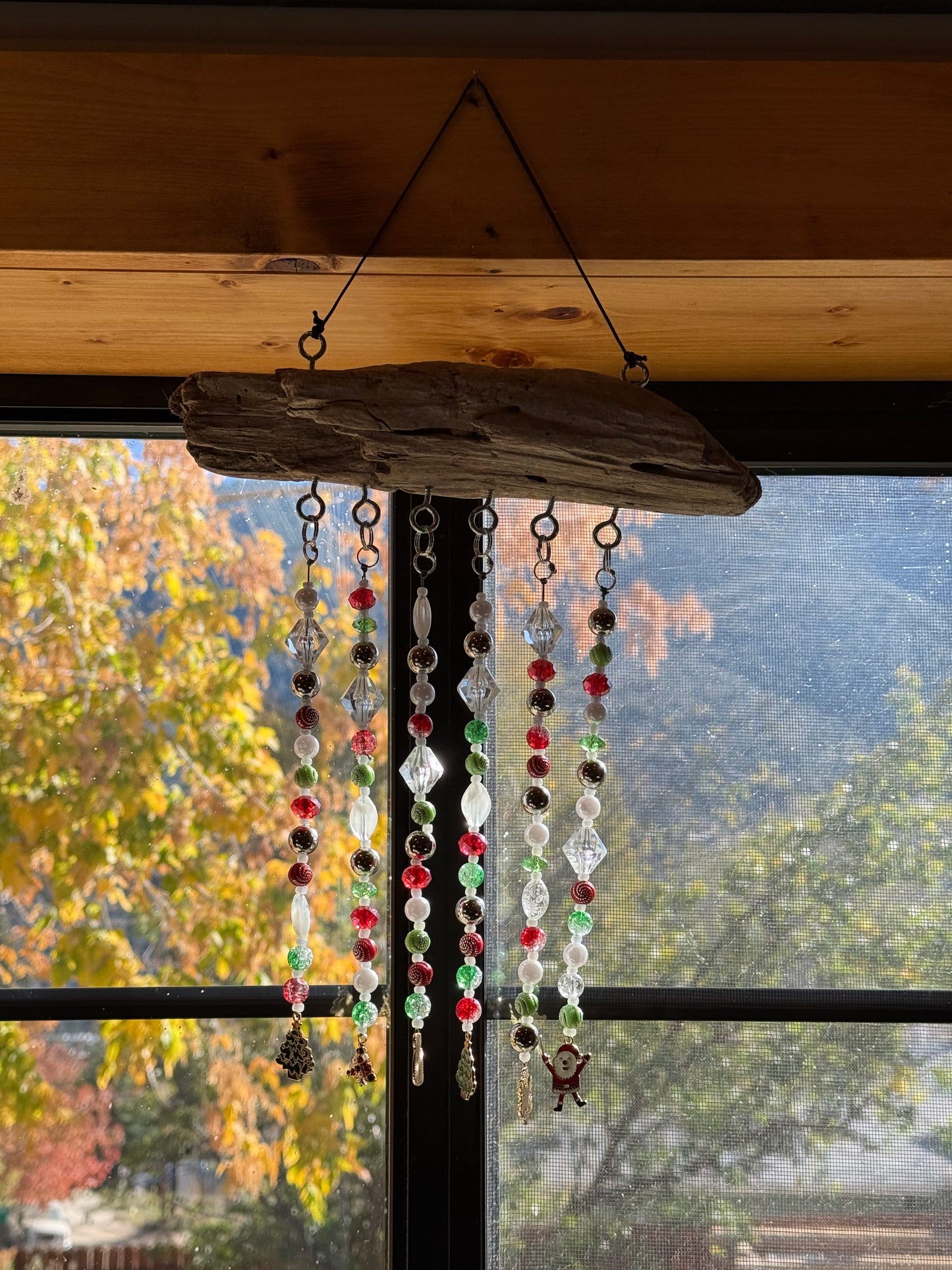 Handcrafted Christmas Driftwood Suncatcher: Beaded Holiday Window | patio | Home Decor
