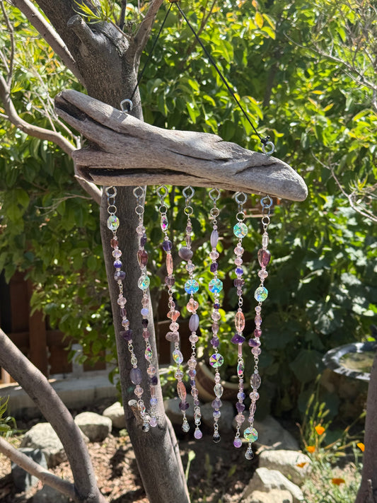 Purple Beaded Suncatcher with Driftwood | Boho Window Decor | Glass Beads | Handmade Hanging Suncatcher