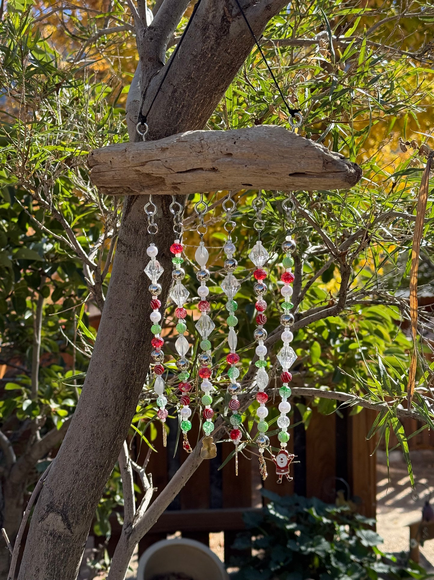 Handcrafted Christmas Driftwood Suncatcher: Beaded Holiday Window | patio | Home Decor