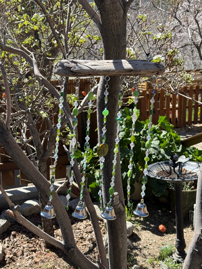 Handcrafted Green Glass Beaded Sun Catcher with Driftwood & Bells