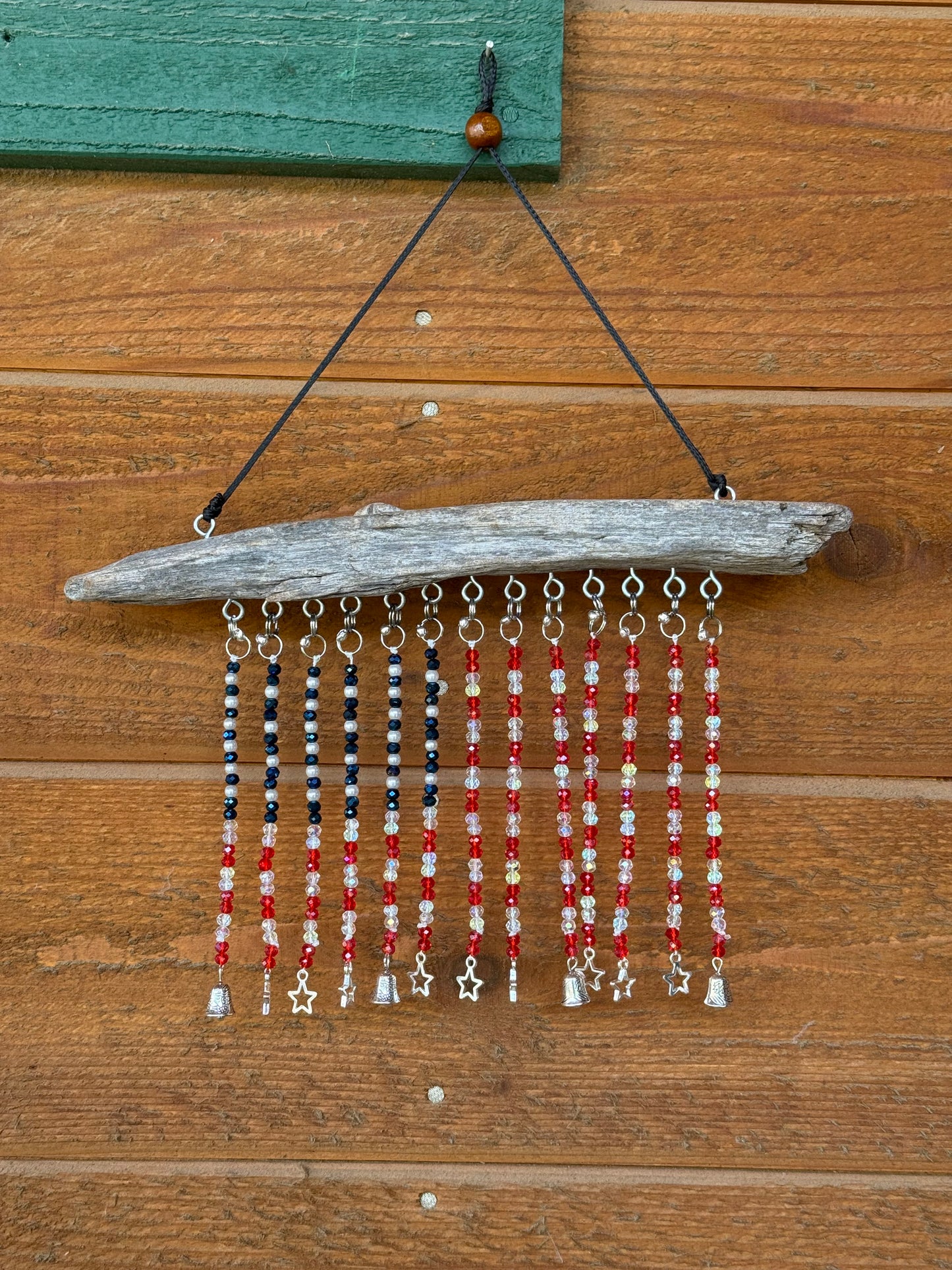 American Flag Glass Seed and Mini Crystal Beaded Driftwood Suncatcher