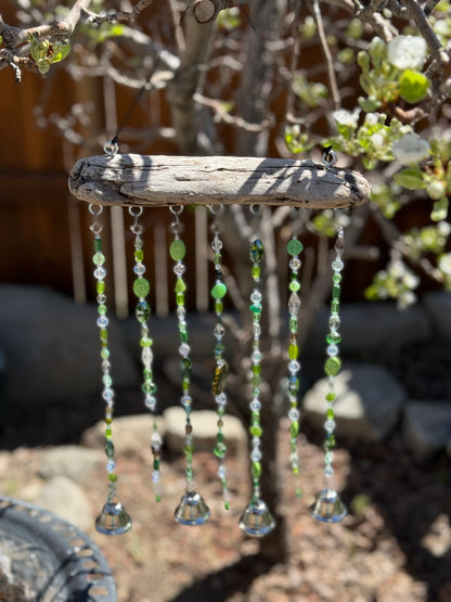 Handcrafted Green Glass Beaded Sun Catcher with Driftwood & Bells