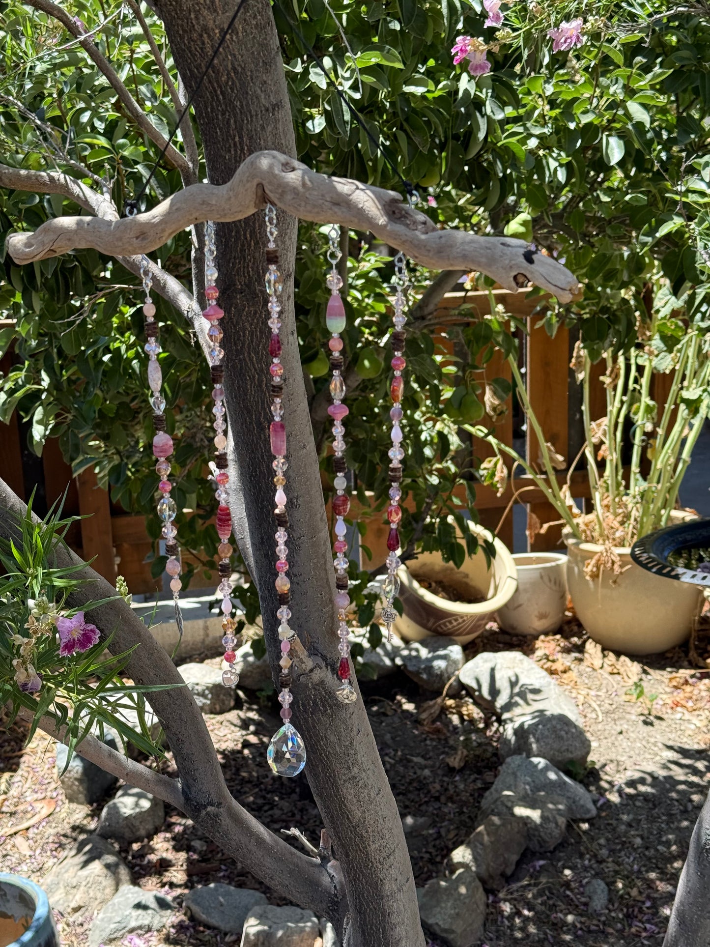 Handmade Beaded Suncatcher: Driftwood - Pink