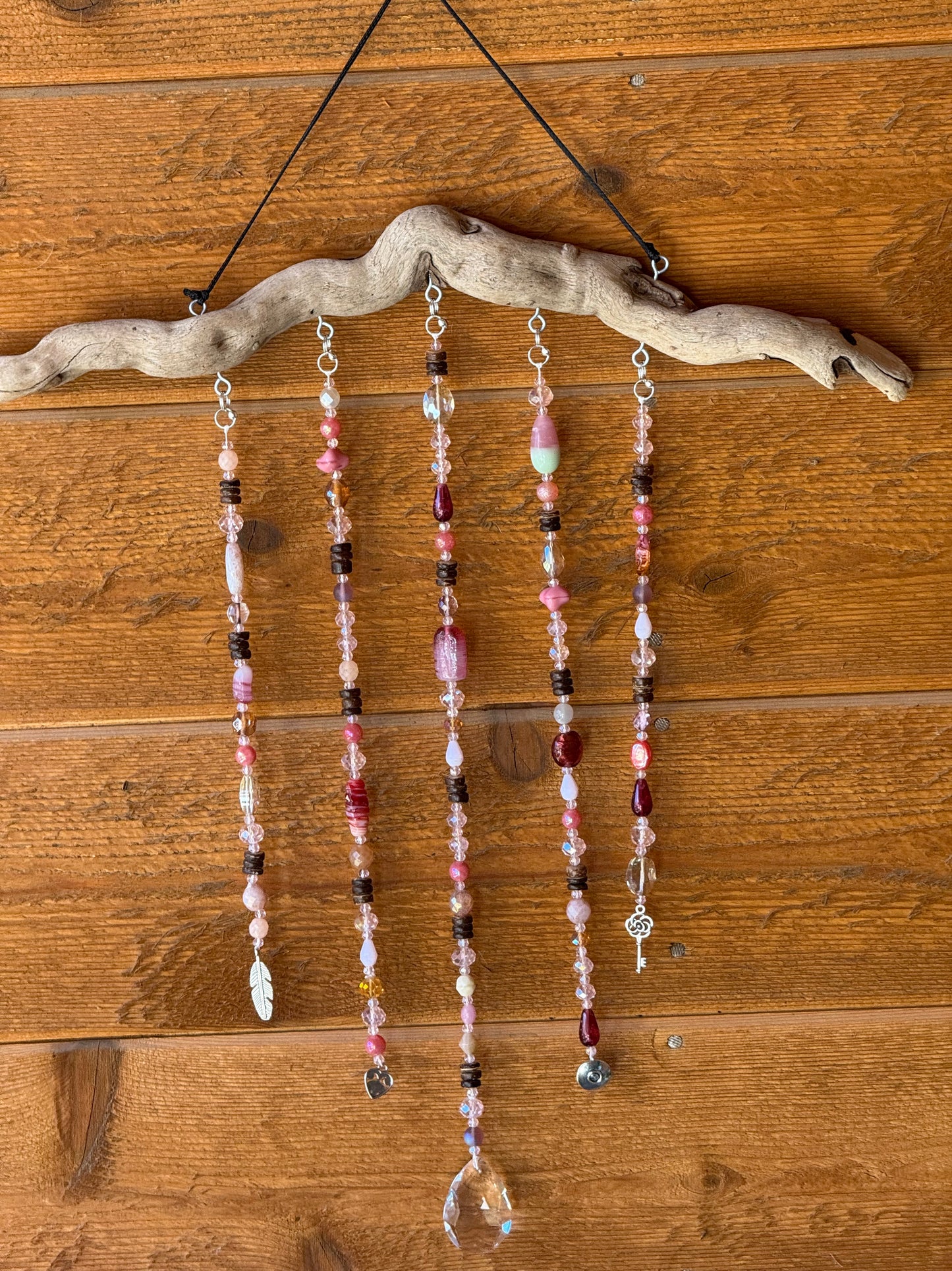 Handmade Beaded Suncatcher: Driftwood - Pink