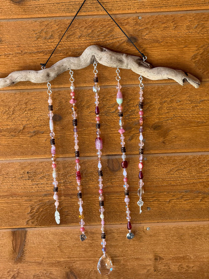 Handmade Beaded Suncatcher: Driftwood - Pink