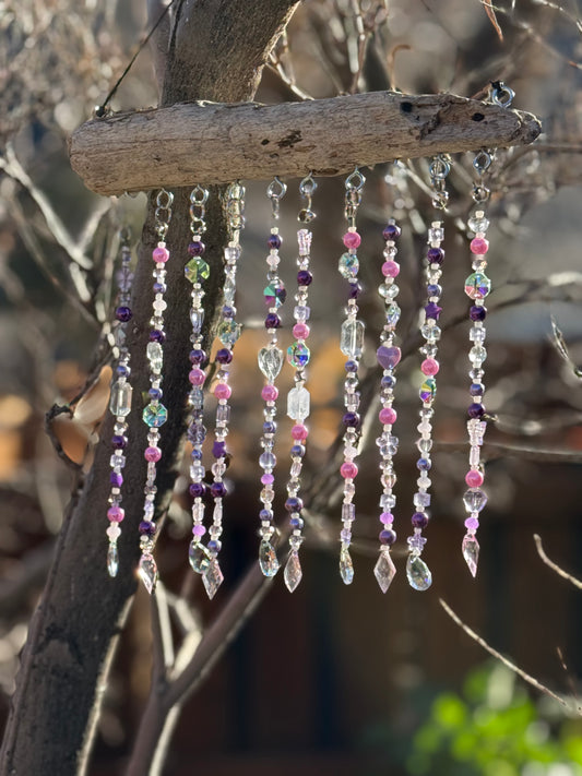 Purple Garden Suncatcher with Driftwood | Handcrafted Beaded Hanging Decor | Window or Outdoor Art