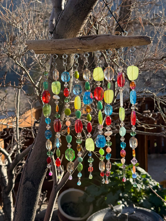 Handcrafted Colorful Beaded Suncatcher with Driftwood | Rainbow Glass & Acrylic Beads | Window or Garden Decor
