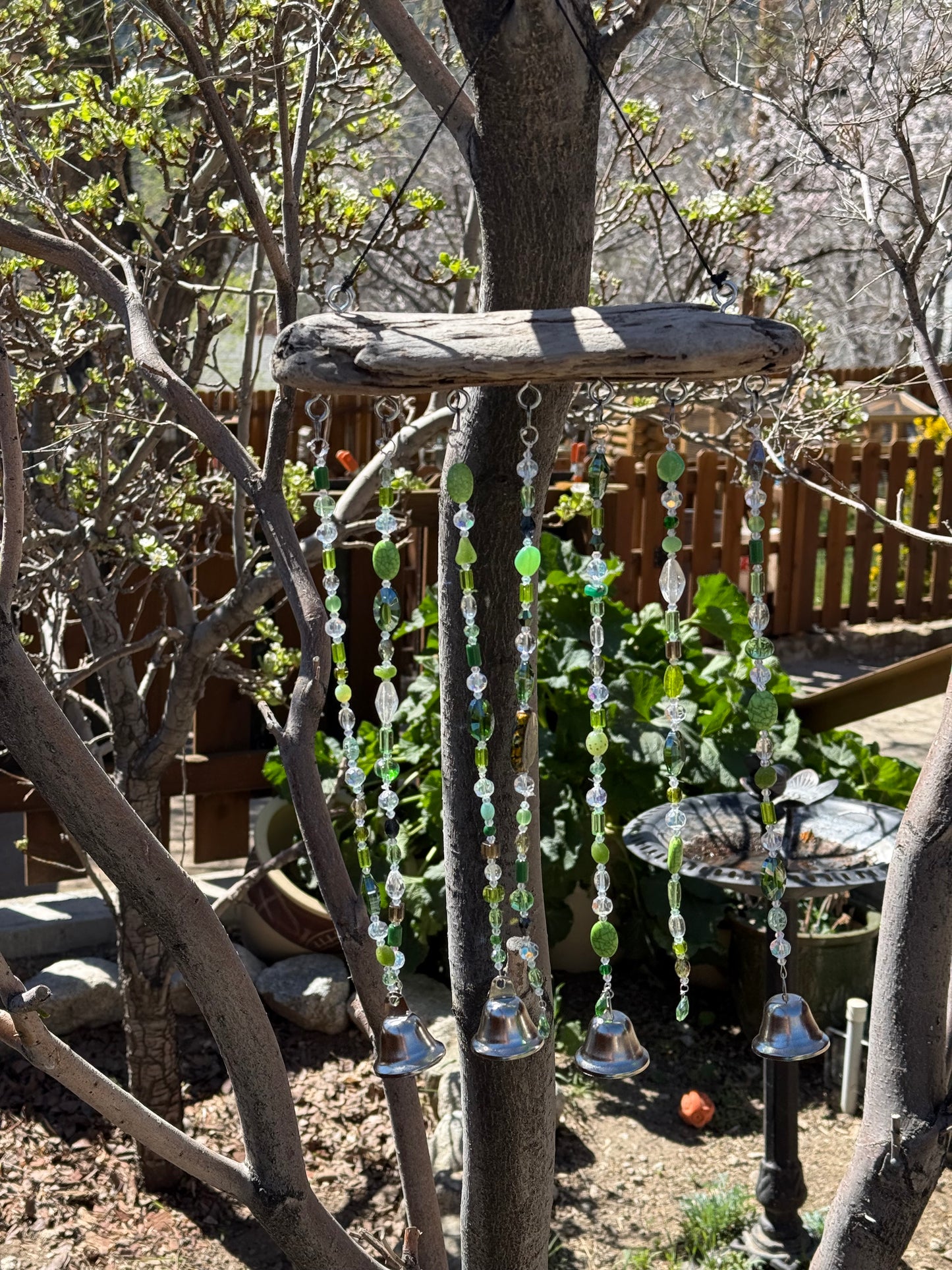Handcrafted Green Glass Beaded Sun Catcher with Driftwood & Bells