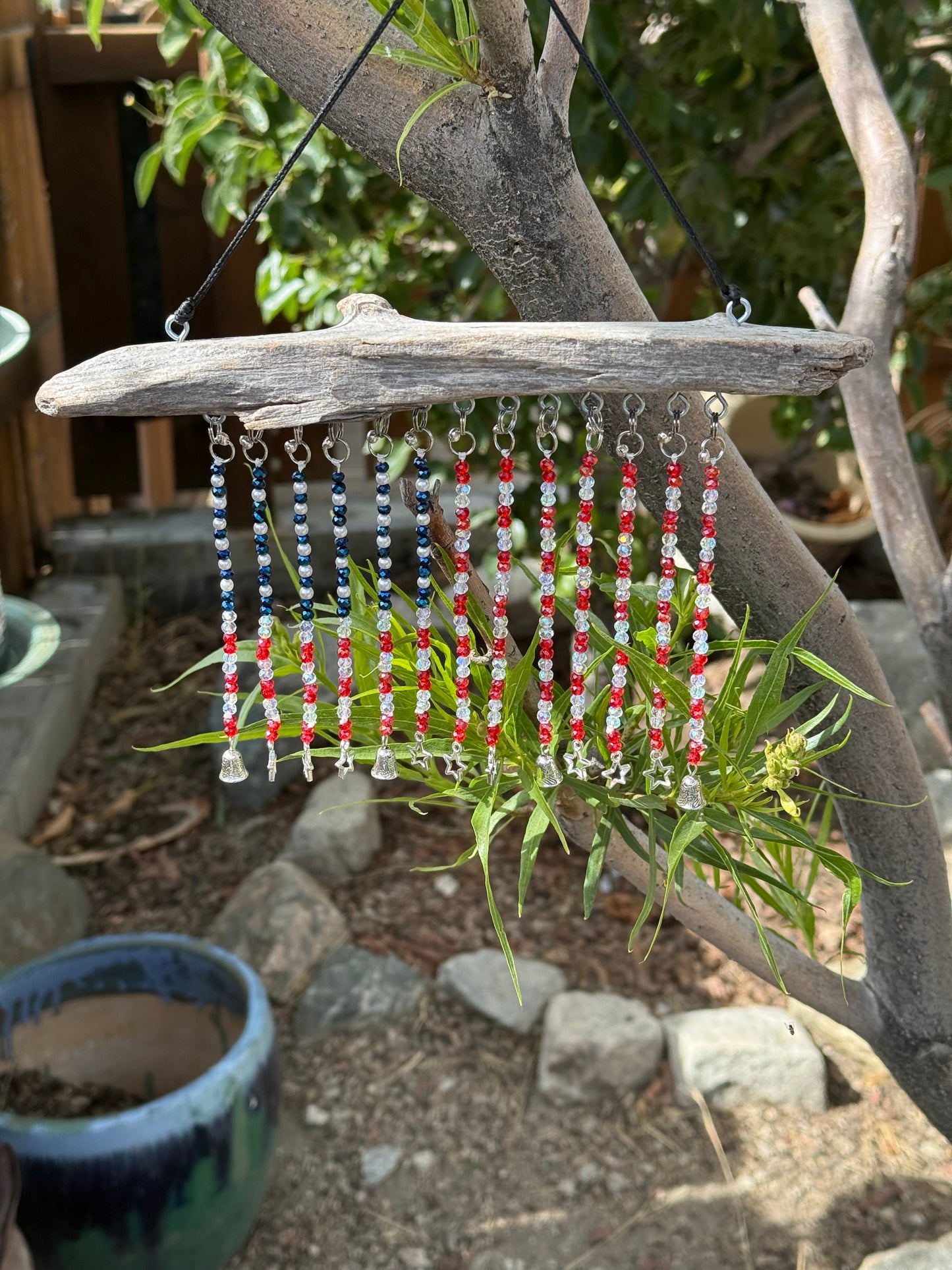 American Flag Glass Seed and Mini Crystal Beaded Driftwood Suncatcher