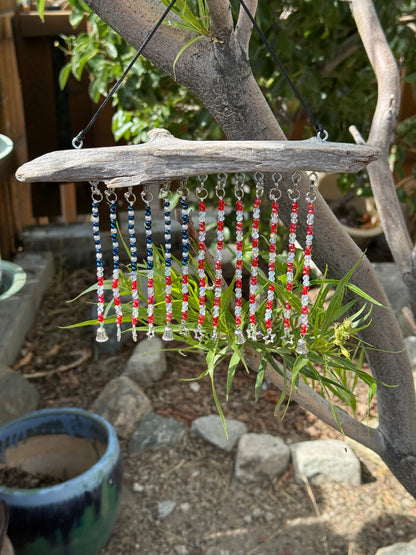 American Flag Glass Seed and Mini Crystal Beaded Driftwood Suncatcher